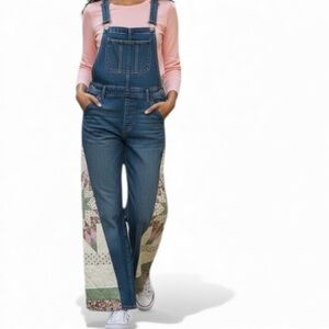 Wallflower Blue Jean Overalls Up Cycled with Star Block Quilt Design Wide Leg Sm